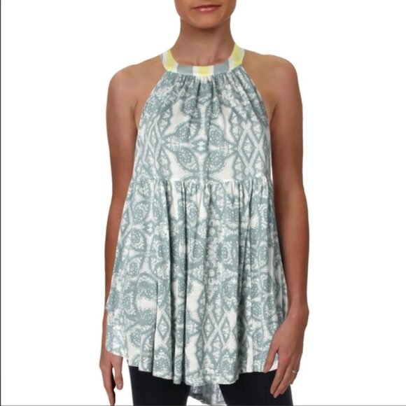 Free People Mimi Hi Low Relaxed Blue & White Multi Halter Tunic Top Small EUC - Picture 15 of 16